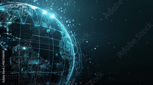Abstract globe with tech grid overlay – global sphere made of glowing lines and dots, techy and professional, dark background.