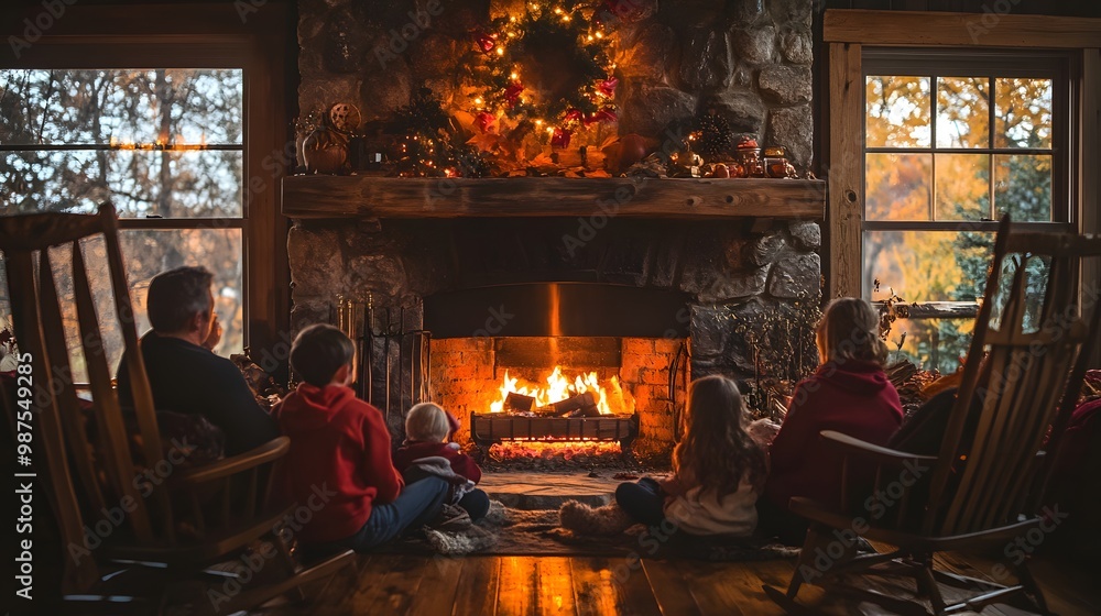 Family gathered around a cozy Thanksgiving fireplace Family gathered around a cozy Thanksgiving fireplace