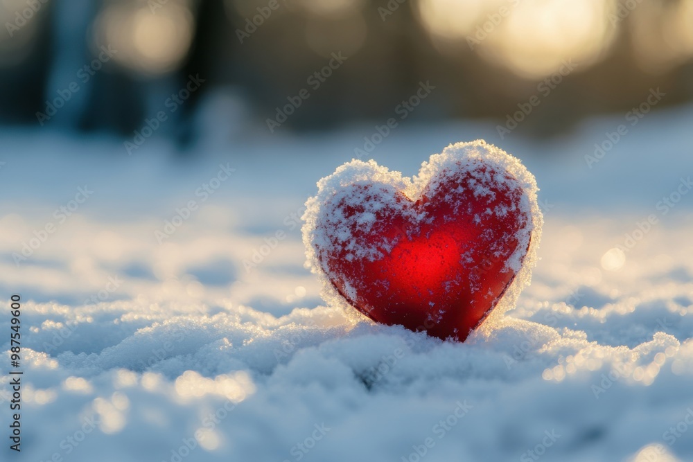 Fototapeta premium A crimson blossom nestled in ice lies gently on a chilly landscape, representing love, hope, resilience, winter, and the indomitable spirit of the heart