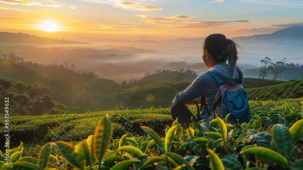 Fototapeta premium Woman enjoying sunrise view from a tea plantation.