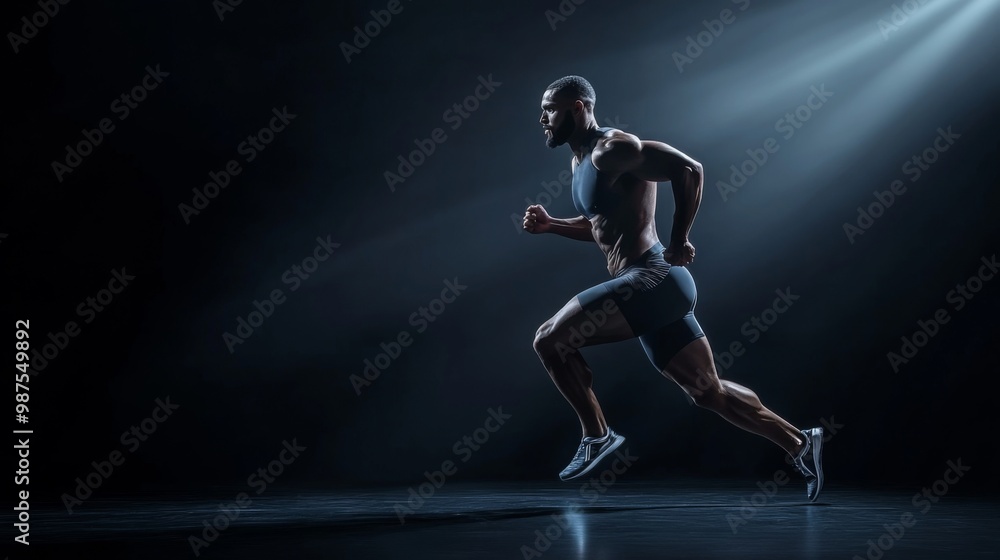 A strong athletic, man sprinter, running on black background wearing in the sportswear, fitness and sport motivation concept A strong athletic, man sprinter, running on black background wearing in the sportswear, fitness and sport motivation concept