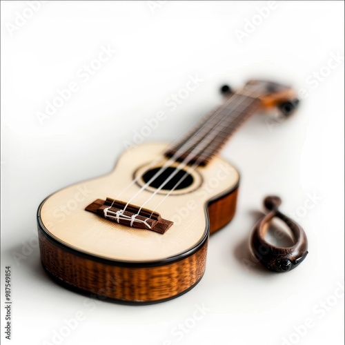 A wooden ukulele with a natural finish lies on a white background. The instrument is in focus with a shallow depth of field.