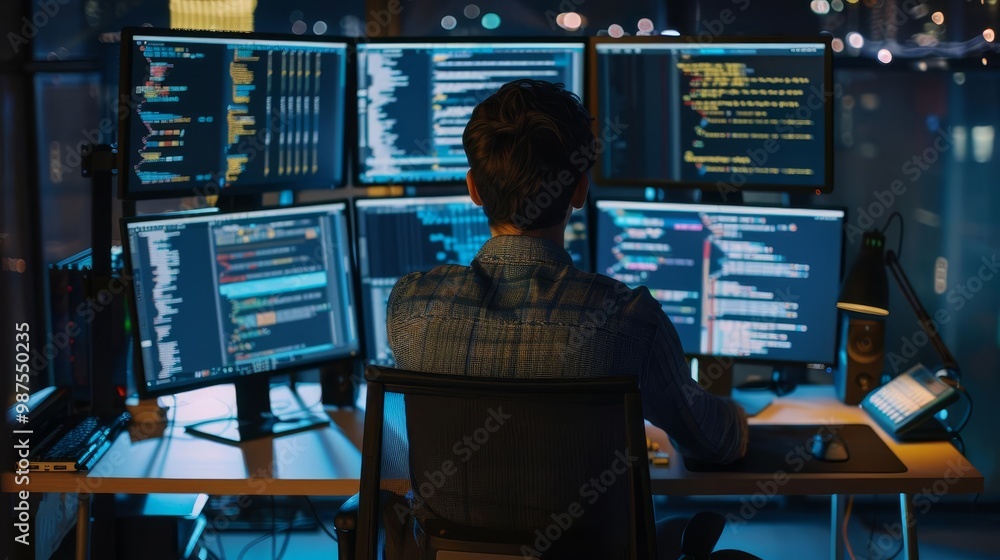 Woman programmer working late at night on code. Woman programmer working late at night on code.