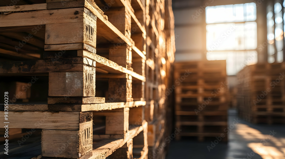 Wooden pallets stacked in a warehouse, sunlit background creating a warm atmosphere. Wooden pallets stacked in a warehouse, sunlit background creating a warm atmosphere.