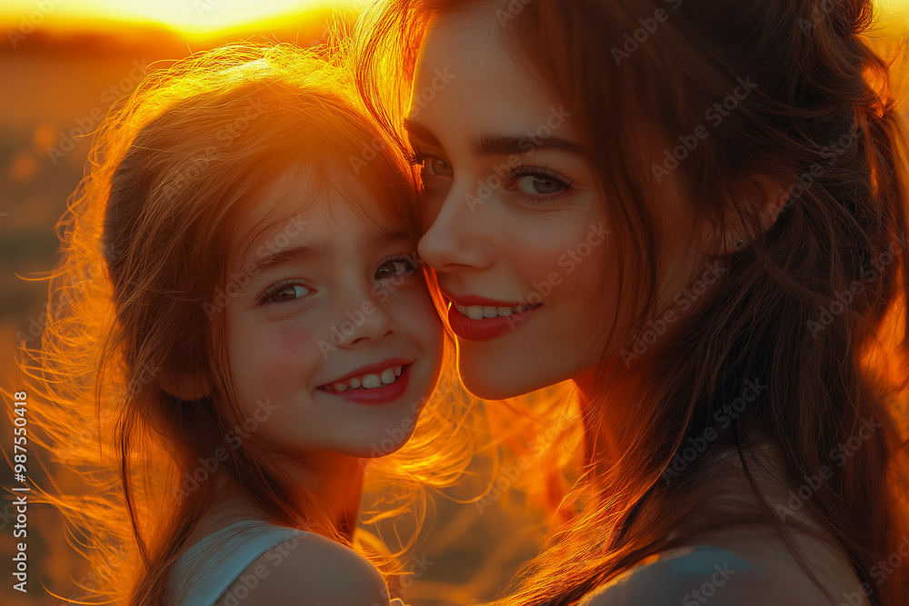 Unconditional love between mother and daughter hugging and embrace with a kiss and cuddle outdoors having fun. Concept for World Smile Day Unconditional love between mother and daughter hugging and embrace with a kiss and cuddle outdoors having fun. Concept for World Smile Day
