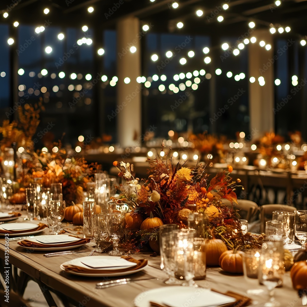 Elegant Thanksgiving Banquet Setup with Seasonal Decor and String Lights for Large Events and Catering Services Elegant Thanksgiving Banquet Setup with Seasonal Decor and String Lights for Large Events and Catering Services