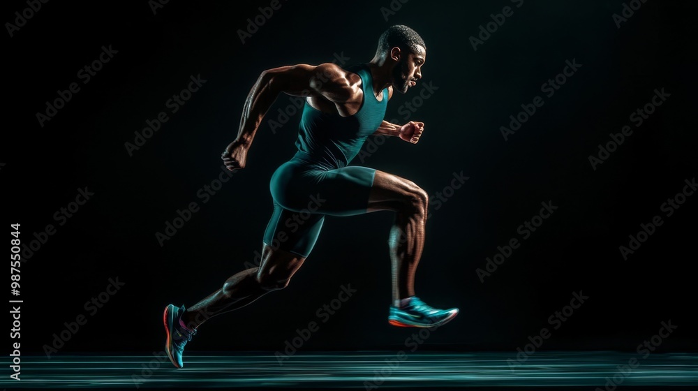 A strong athletic, man sprinter, running on black background wearing in the sportswear, fitness and sport motivation concept A strong athletic, man sprinter, running on black background wearing in the sportswear, fitness and sport motivation concept