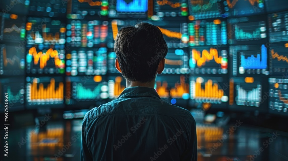 Stock Market Top Trader Looks at Projected Ticker Numbers and Graphs Running, Analysing Data to Make Best Sell. Stock Market Top Trader Looks at Projected Ticker Numbers and Graphs Running, Analysing Data to Make Best Sell.