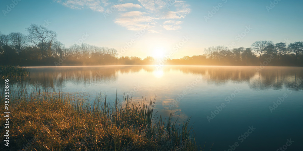 Sunrise Over a Calm Lake in Spring with Soft Lighting Sunrise Over a Calm Lake in Spring with Soft Lighting