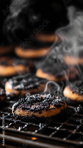 Burnt cookies on grill with smoke rising, creating an atmosphere of culinary mishap and depth