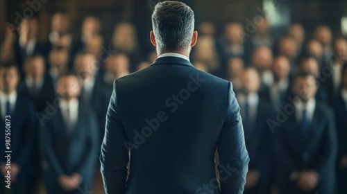 Confident Executive Overseeing Subordinates, A distinguished leader in a suit commands respect, standing tall before employees, embodying authority and power in a minimalist setting photo