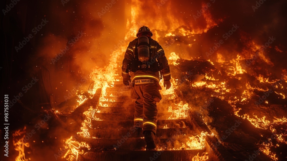 Strong and brave Firefighter Going Up The Stairs in Burning Building. Strong and brave Firefighter Going Up The Stairs in Burning Building.
