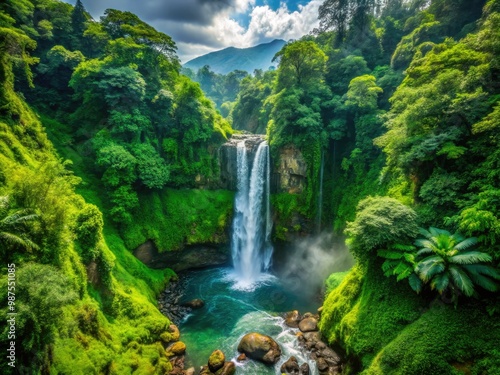 Silky waterfalls tumble over emerald cliffs, their misty veil hanging heavy in the lush, vibrant rainforest, where exotic blooms and ancient trees thrive in harmony.