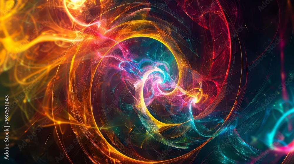 Abstract swirling neon lights in red, blue, and yellow colors against a black background. Abstract swirling neon lights in red, blue, and yellow colors against a black background.
