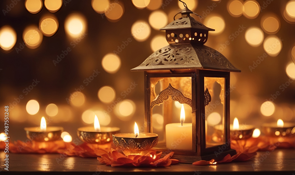 Glittering candles and lanterns on Diwali, symbolizing the victory of goodness Glittering candles and lanterns on Diwali, symbolizing the victory of goodness