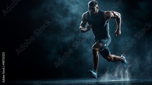 Fototapeta Naklejka Na Ścianę i Meble -  A strong athletic, man sprinter, running on black background wearing in the sportswear, fitness and sport motivation concept