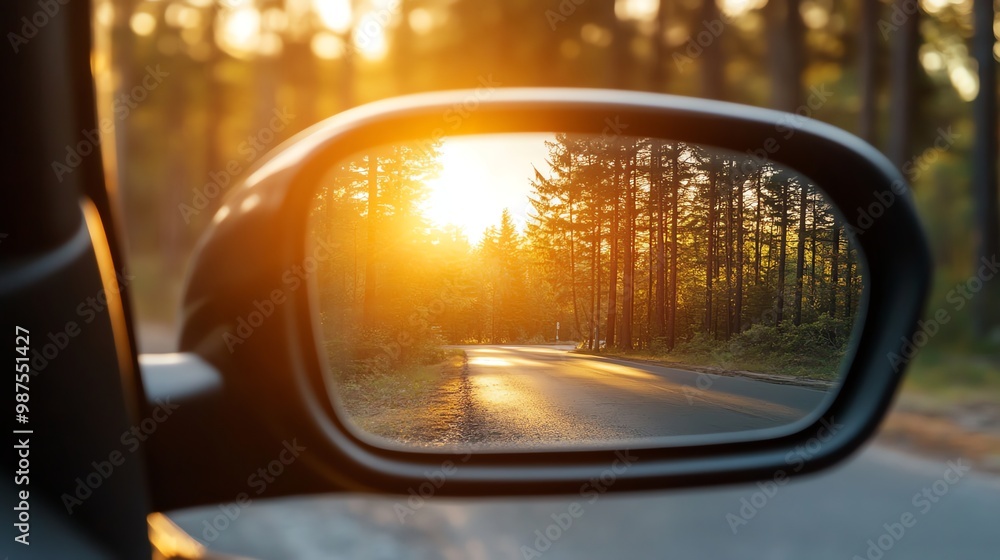 The setting sun is reflected in a car's rearview mirror. The setting sun is reflected in a car's rearview mirror.
