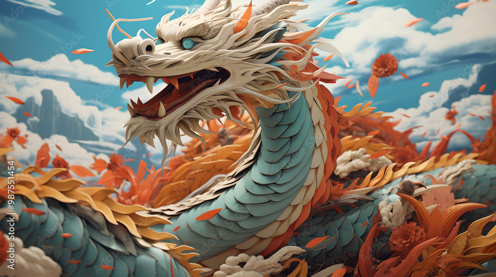Chinese style paper-cut dragon flying in the sea of clouds Chinese style paper-cut dragon flying in the sea of clouds