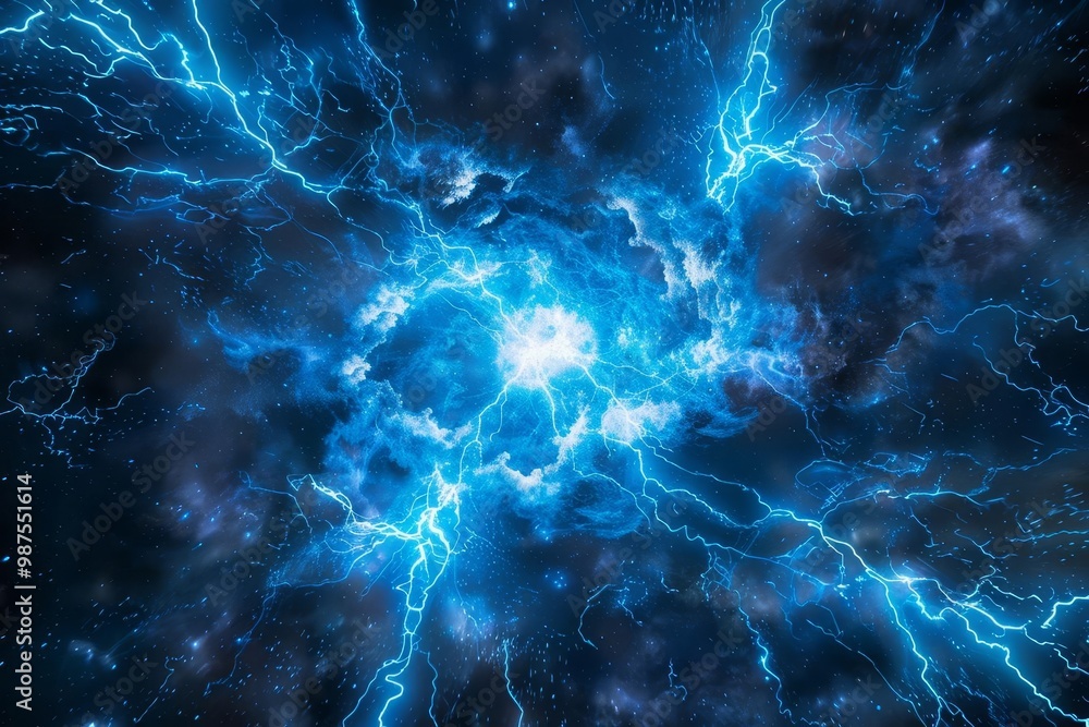 Abstract blue lightning bolts radiating from a central point in a dark background. Abstract blue lightning bolts radiating from a central point in a dark background.