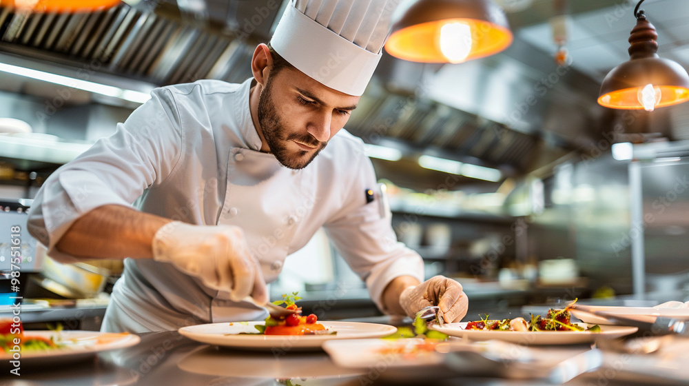 Chef preparing a gourmet meal in a restaurant kitchen – chef plating a dish with precision, modern kitchen in the background.