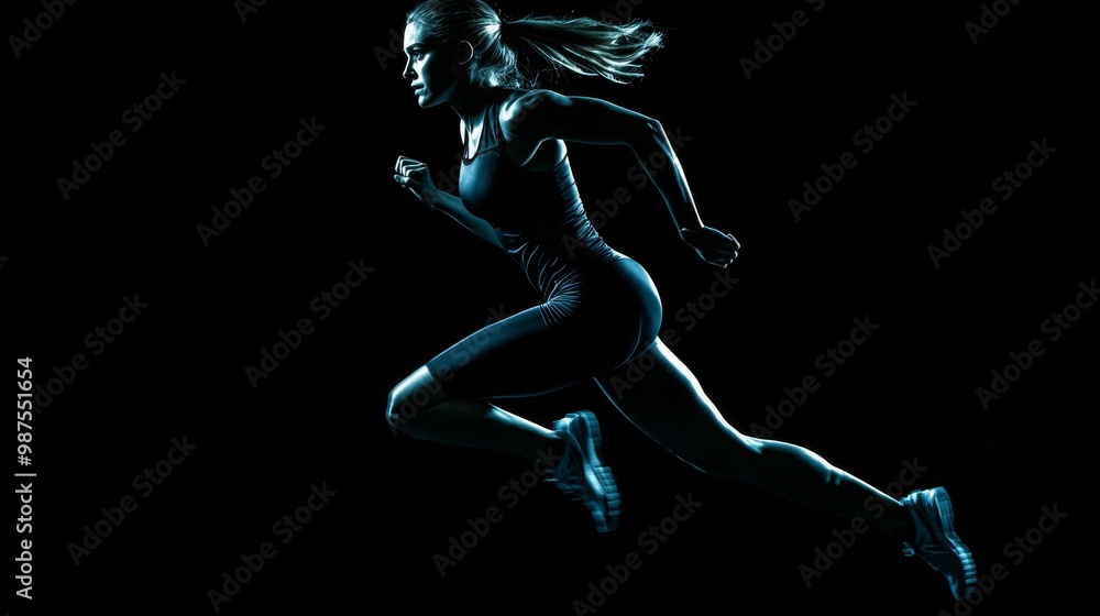 A strong athletic, woman sprinter, running on black background wearing in the sportswear, fitness and sport motivation concept A strong athletic, woman sprinter, running on black background wearing in the sportswear, fitness and sport motivation concept