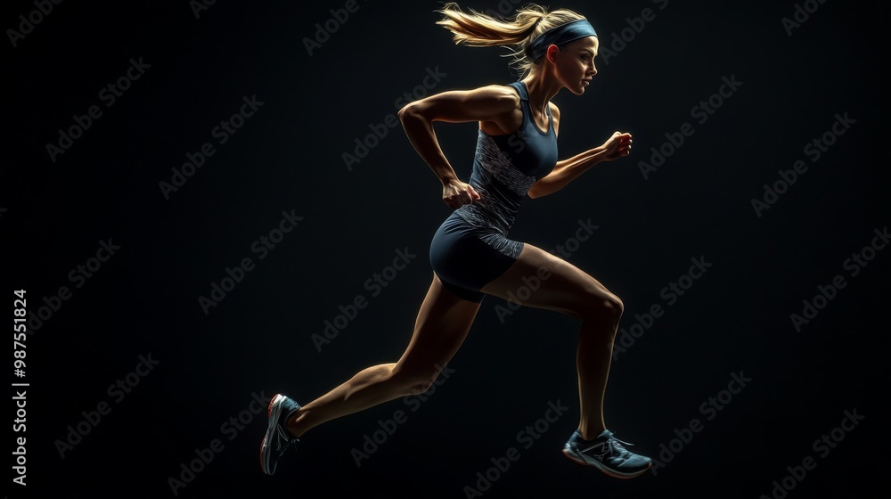 A strong athletic, woman sprinter, running on black background wearing in the sportswear, fitness and sport motivation concept A strong athletic, woman sprinter, running on black background wearing in the sportswear, fitness and sport motivation concept