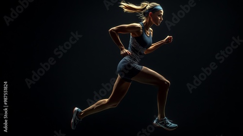 A strong athletic, woman sprinter, running on black background wearing in the sportswear, fitness and sport motivation concept