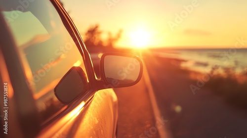 A car driving through a forest at sunset, the sun shining brightly in the rear view mirror.