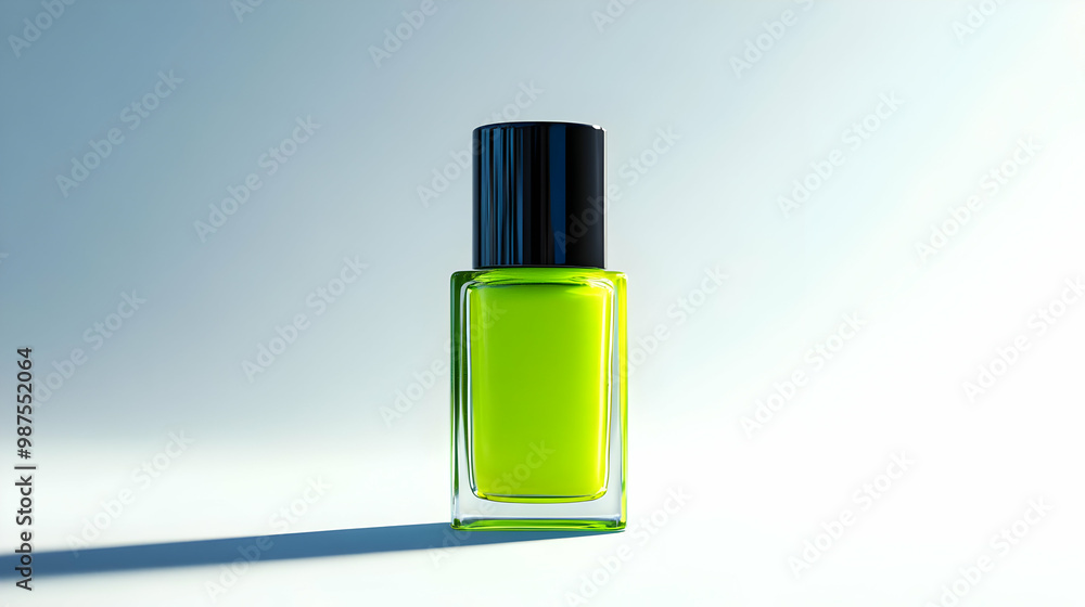 Vibrant green nail polish in a sleek glass bottle against a soft, neutral background. Vibrant green nail polish in a sleek glass bottle against a soft, neutral background.