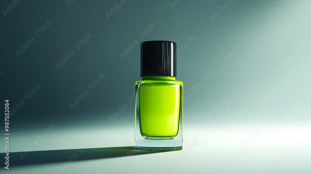 Vibrant green nail polish bottle with a sleek black cap, set against a softly illuminated background. Vibrant green nail polish bottle with a sleek black cap, set against a softly illuminated background.