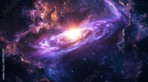 Stunning cosmic galaxy with swirling purple nebula and bright central light photo