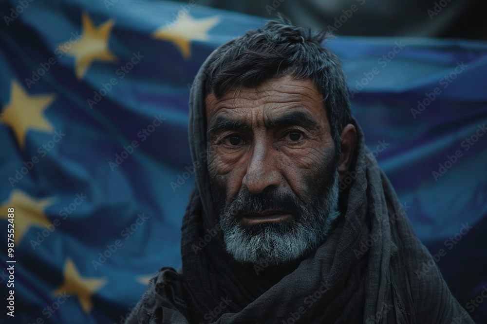 Eu flag clutched afghan man represents survival amid suffering. Afghan man holding eu flag embodies struggle freedom. EU citizens call for preservation of social fabric amid immigration. Eu flag clutched afghan man represents survival amid suffering. Afghan man holding eu flag embodies struggle freedom. EU citizens call for preservation of social fabric amid immigration.
