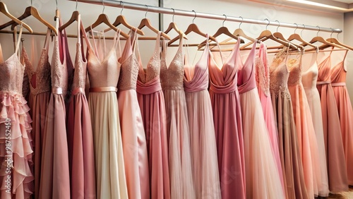 Softly glowing pink hues adorn a collection of floor-length gowns, elegantly displayed on hangers, awaiting the perfect evening to make their debut.