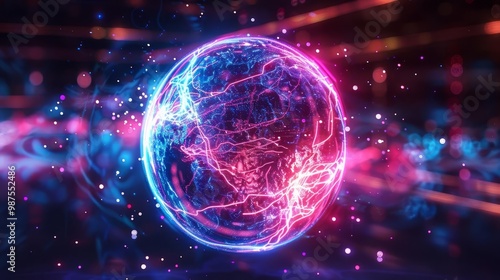 Abstract glowing globe with digital lines and particles.