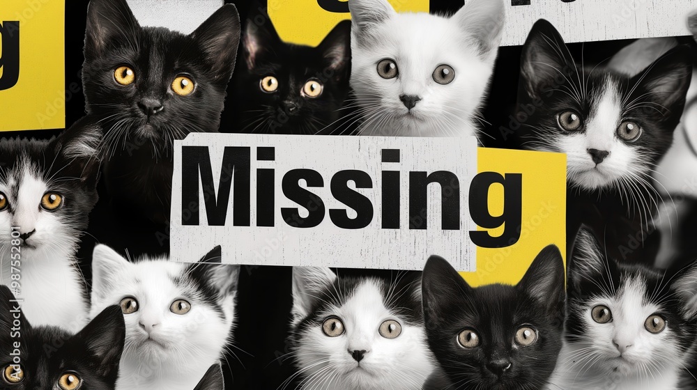 Fototapeta premium A cat is missing message on a black and white grainy grungy collage with different cats. Lost pets problem.