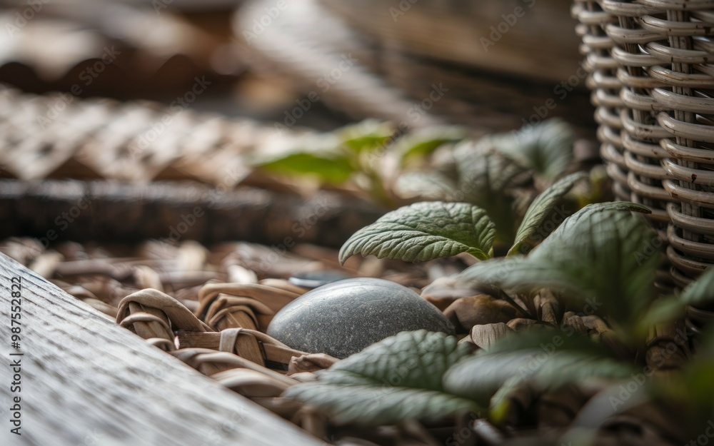 Stone and leaves. A single smooth stone rests amongst lush greenery. It represents peace, tranquility, and the beauty of nature. Stone and leaves. A single smooth stone rests amongst lush greenery. It represents peace, tranquility, and the beauty of nature.