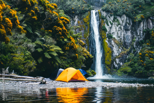 Colorful camping tents by waterfall in lush forest photo