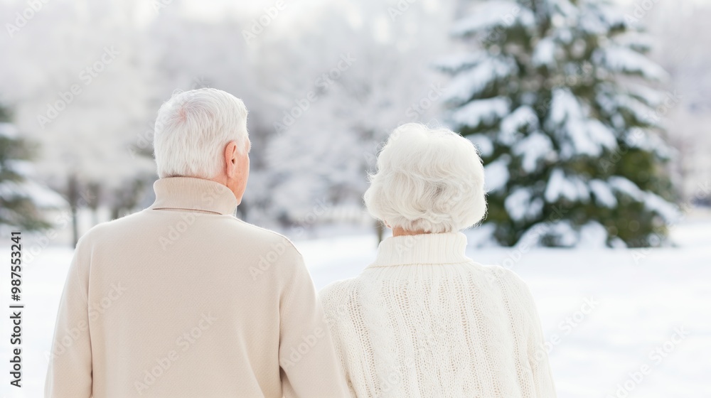 A couple of senior people are standing in the winter outdoor background with copy space. Back view. A couple of senior people are standing in the winter outdoor background with copy space. Back view.