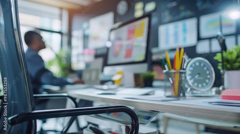 Close-up of a desk in a modern office with a man working in the background. Close-up of a desk in a modern office with a man working in the background.