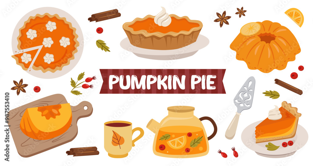Pumpkin pie set. Pumpkin slice, spices, piece of pie, teapot. Set of bright vector elements for Thanksgiving recipes. Pumpkin pie set. Pumpkin slice, spices, piece of pie, teapot. Set of bright vector elements for Thanksgiving recipes.