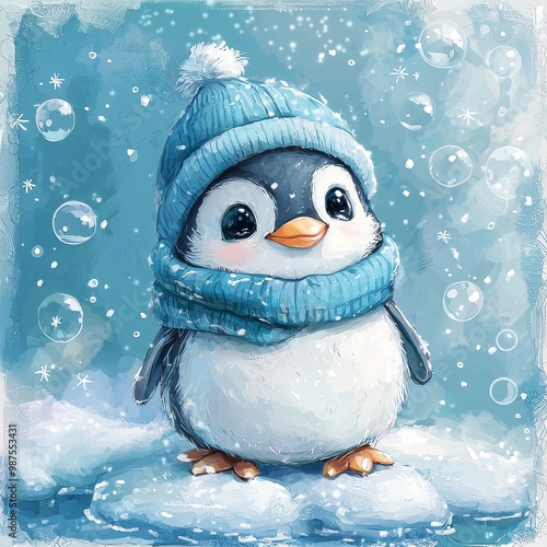 Cute baby penguin in winter hat and scarf standing on snow with snowflakes photo