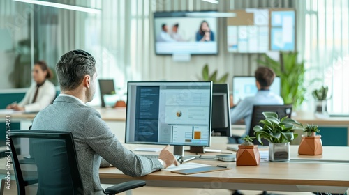 Businessman working at desk in modern office setting, with video call on screen.