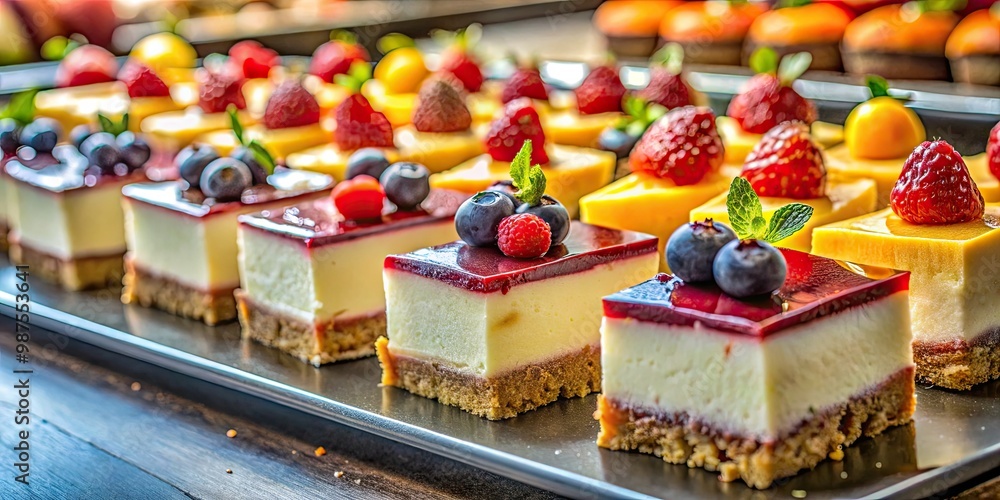 Squares of creamy modern cheesecake adorn the counter, topped with a vibrant medley of mixed fruit and illuminated by soft ambient lighting. Squares of creamy modern cheesecake adorn the counter, topped with a vibrant medley of mixed fruit and illuminated by soft ambient lighting.