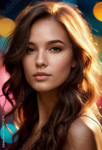 Close-up portrait of face with make-up of young woman or girl with long wavy brown hair in light summer dress with contrast sunlight on blurred abstract background