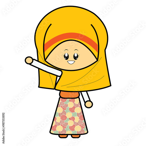 Vector illustration of a cute smiling girl in hijab, modestly dressed in long sleeves and skirt, highlighting her Muslim identity with a joyful expression and modest fashion against a white background photo