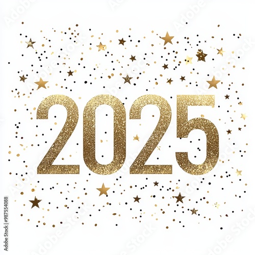 Glittery gold 2025 text with star confetti background for New Year's celebrations photo