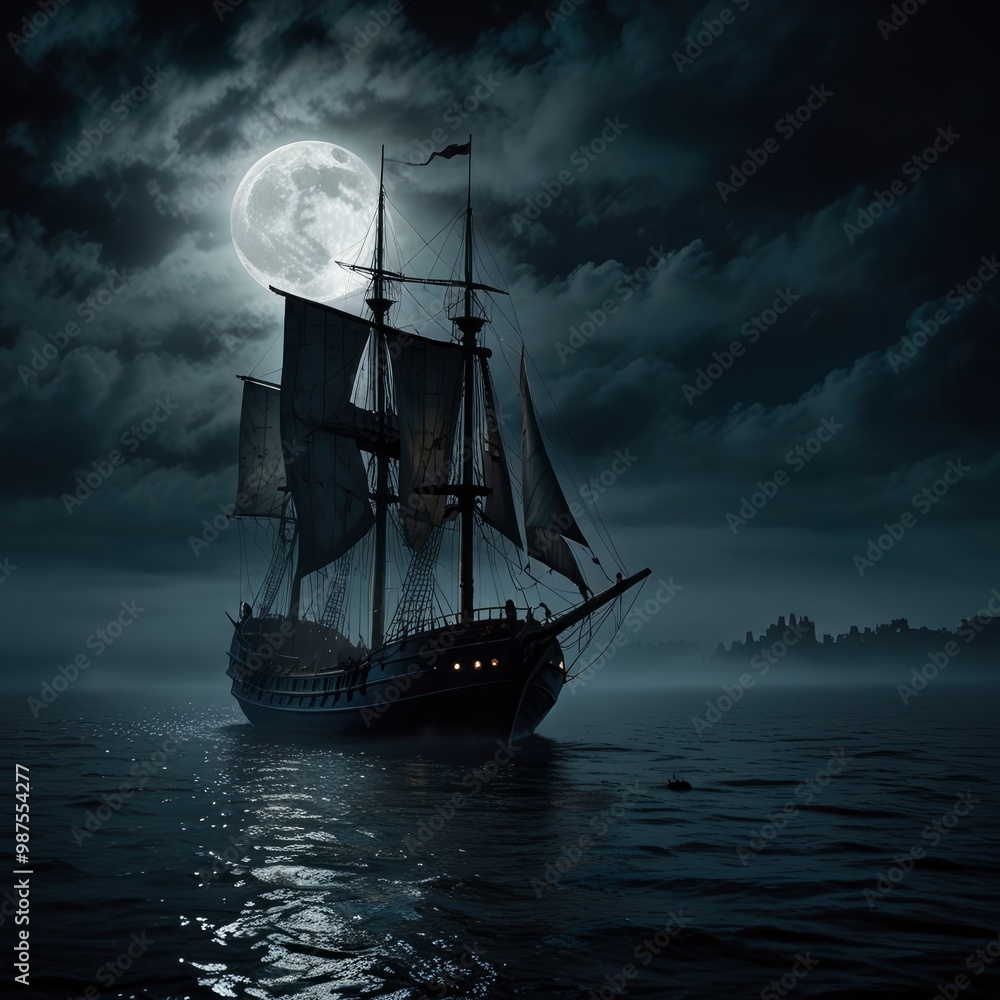 Fototapeta premium Moonlit fog surrounds a medieval sailboat sailing the dark sea, creating a haunting atmosphere