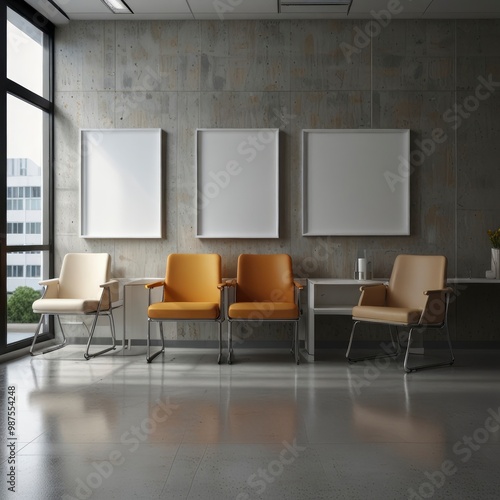 Mockup of an empty white poster on a wall in a modern hospital waiting room, featuring comfortable chairs and medical equipment