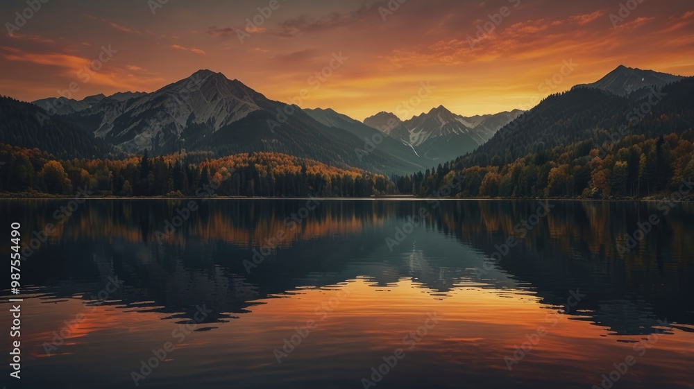 Fototapeta premium Mountain sunset reflecting perfectly on a calm lake