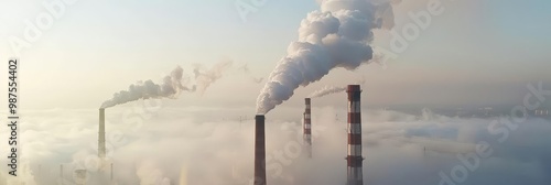 Aerial view of smokestacks releasing pollution into the sky.